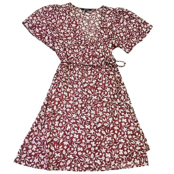 Madewell Wrap Dress Sz S Red Floral‎ Cotton Short Sleeve V-Neck Casual Cottage - Picture 2 of 15